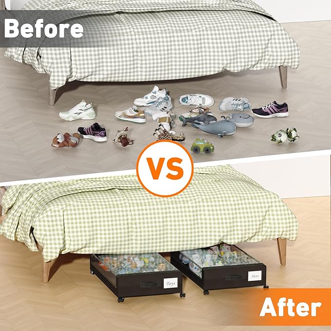 Under Bed Storage with Wheels, 2-Pack Under Bed Storage Containers with Clear Lids, XXL 60L Under the bed storage Organizer B