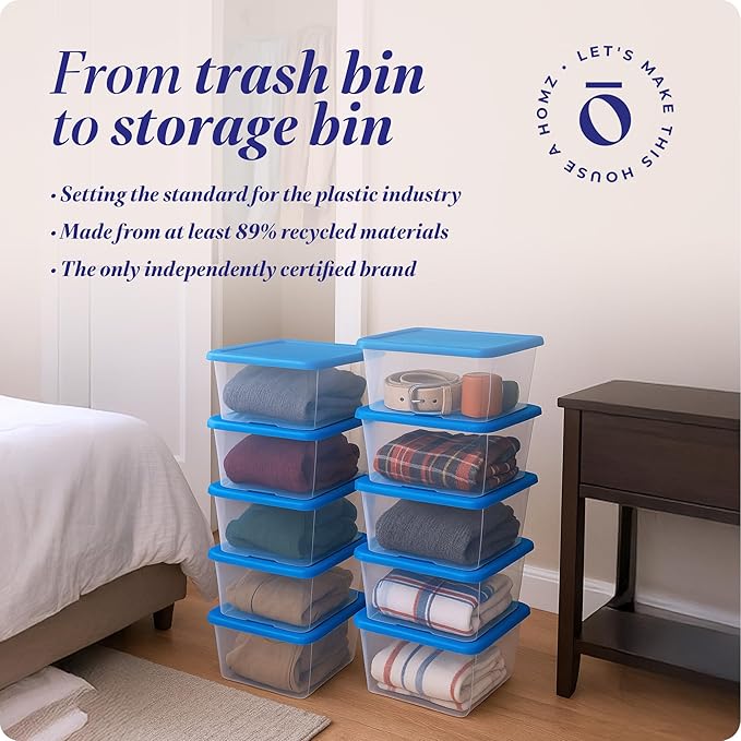 HOMZ 10-Pack Snaplock, Small Clear Plastic Storage Organizer Bins w/Lids, 6 Quart, Blue - Stackable Container Boxes for Bedro