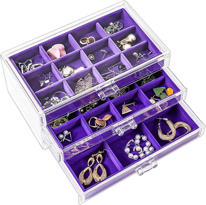ProCase Earring Holder Organizer Jewelry Box with 3 Drawers, Acrylic Clear Earring Case with Adjustable Velvet Trays for Wome