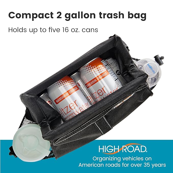 High Road Car Organizer with Car Trash Bin and Tissue Holder - Holds Full Size Tissue Box, Bottles and Wipe Containers - 2 Gal Leakproof Covered Trash Can with Push-Close Lid