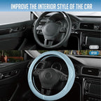 PIC AUTO Steering Wheel Cover, Light Blue Patterned Leather Patchwork Design, Universal Fit 14.5"–15.5", Anti-Slip, Odor-Free
