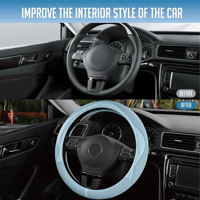 PIC AUTO Steering Wheel Cover, Light Blue Patterned Leather Patchwork Design, Universal Fit 14.5"–15.5", Anti-Slip, Odor-Free