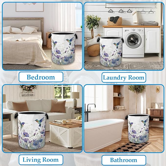 Hummingbird Flowers Laundry Basket Collapsible Laundry Hamper Clothes Toy Storage Bin for Bathroom Bedroom Room Decor 16" X 2