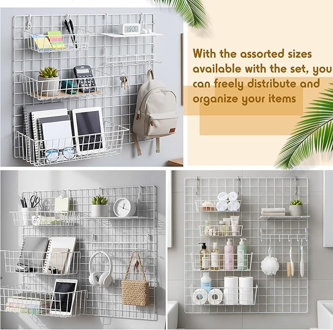 Yaocom 9 Pcs Grid Wall Shelves Gridwall Accessories Wall Grid Panel Hanging Basket with Hooks Set Includes 3 Basket 3 Wire St