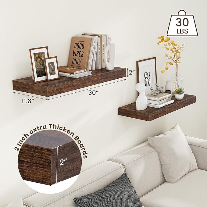 30 Inch Floating Shelves | 12 Inch Deep Brown Floating Shelves Set of 2 | 30" W x 12" D Rustic Wood Shelves for Wall | Deep B