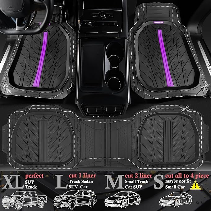 CAR PASS Tire Tread DeepDish Rubber Floor Mats for car Heavy Duty car mats All Weather, Universal XL~M Trim to Fit for Truck SUV Vehicle Automotive, Waterproof car mats 3 Piece (Purple Black)