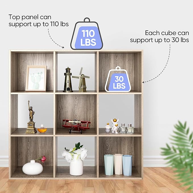 SUPER DEAL 9 Cube Open Shelf Bookcase, 3 x 3 Storage Organizer Shelf with 5 Removable Back Panels Wood Bookshelf System Displ