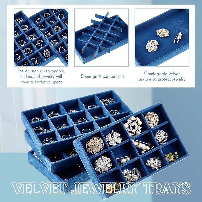 Junkin 12 Pcs Jewelry Tray Velvet Stackable Jewelry Organizer Trays Divided Earring Accessories Storage Containers Box (Rose 