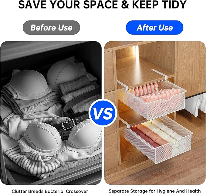 2 Pack Closet Pull-Out Baskets Bra Underwear and Sock Organizer for Drawer Women College Dorm Room Essentials (White)