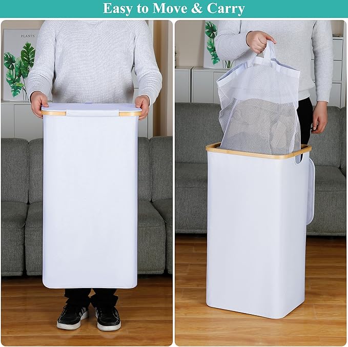 iEGrow 110L Laundry Hamper with Lid，Dirty Clothes Hampers for Laundry,Laundry Basket with Bamboo Handles and Removable Bag,Ha