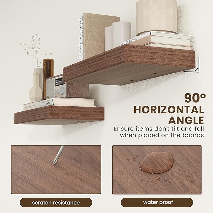 Deep Floating Shelves | 24 Inch Walnut Floating Shelves Set of 2 | 12 Inch Deep Rustic Wood Shelves for Wall | 24" W x 12" D 