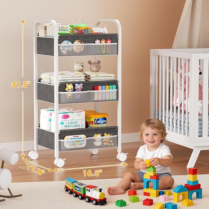 Baby Diaper Caddy Rolling Utility Cart, 3 Tier Baby Essentials Nursery Organizer and Storage with Dividers and Drawers for Cr