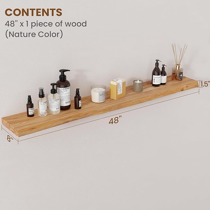Floating Shelves for Wall Decor, Rustic Solid Elm Wood Live Edge Floating Shelves Wall Mounted, Wall Shelves with Invisible B