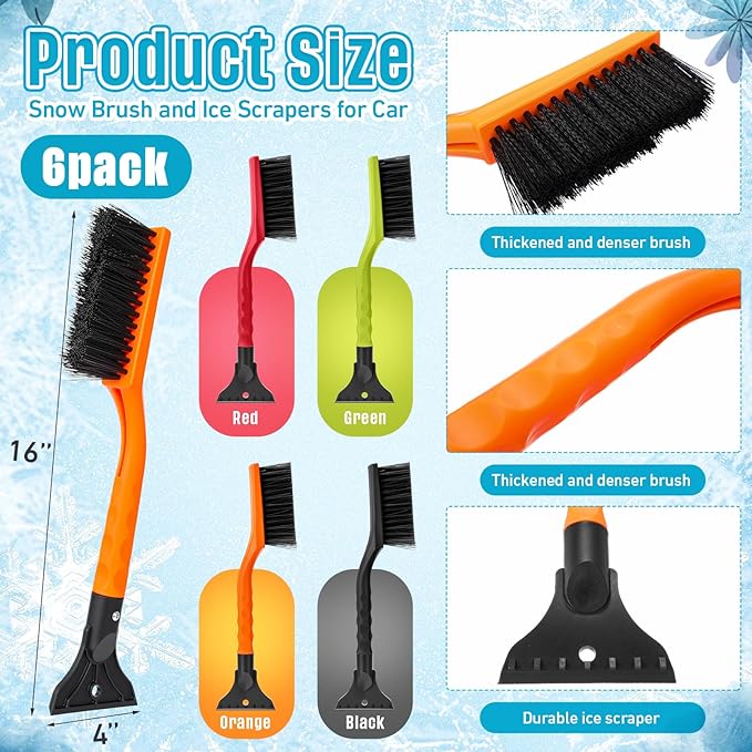 Uiifan 6 Pcs 16 Inch Winter Car Snow Brush Set Ice Scraper and Snow Brush for Car Windshield, Soft Bristle Head, 2 in 1 Winter Removal Tool for SUV and Truck Multi Functional Accessories Gift