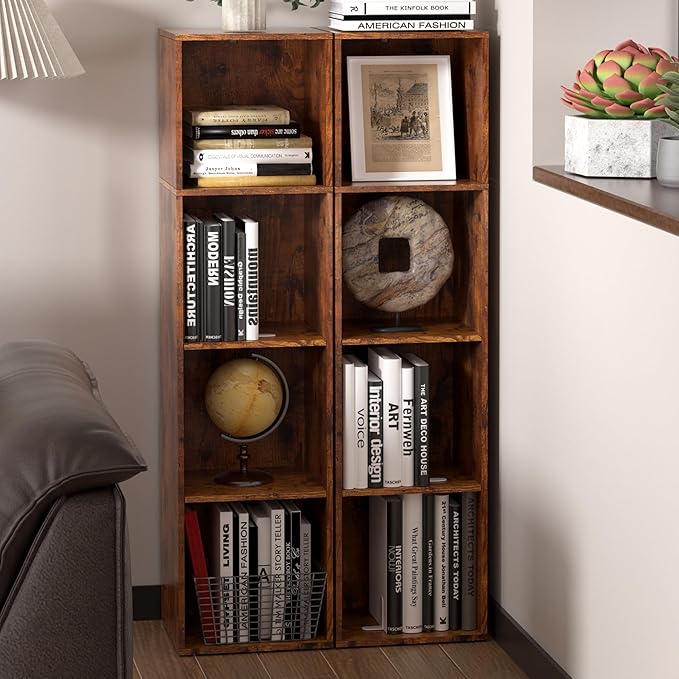 Cube Storage Organizer, 4 Cube Retro Bookshelf, Freestanding 4 Tier Open Shelf, Rustic Brown Retro Shelves for Home Office, B