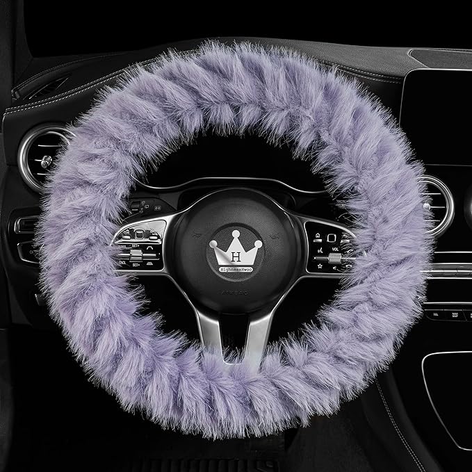 Fuzzy Winter Steering Wheel Covers for Women, Warm Cute Fluffy Car Wheel Cover for F150, Truck, Jeep, Van, Soft Furry Auto Plush Large Car Handle Cover for Cold Weather, 15.2-16in, Purple
