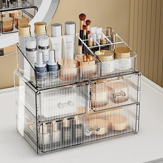 ZHIAI Stackable Cosmetic Organizer, Acrylic Cosmetic Organizer for Dresser, Vanity, Kitchen Cabinet, Bathroom, Under Sink, Ho