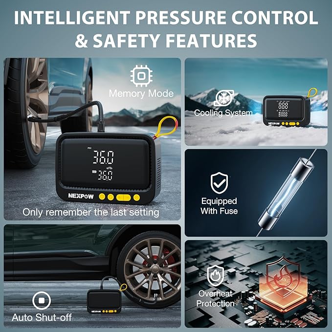 NEXPOW Tire Inflator Portable Air Compressor, 150 PSI Air Pump for Car Tires with Digital Pressure Gauge & Auto Shut-Off, Air Compressor Portable for Car, Motorcycle, Bicycle, Balls, Yellow