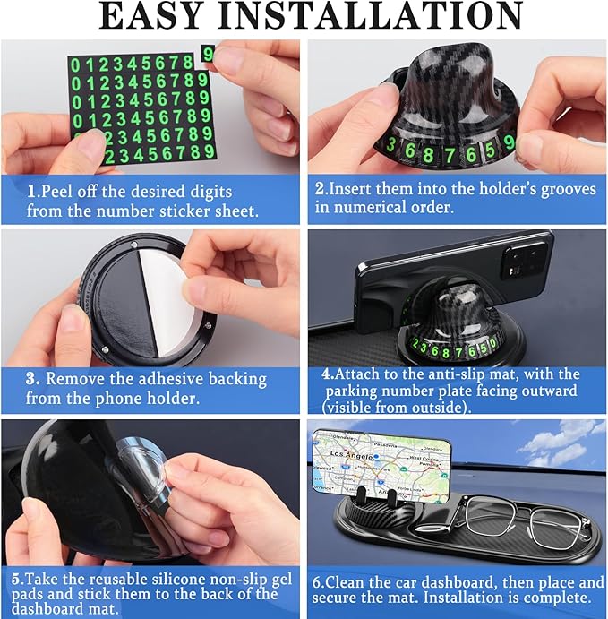 3-in-1 Multifunctional Car Anti-Slip Mat, 360° Rotating Phone Holder with Hidden Parking Number Plate, PVC Dashboard Mat, Fit