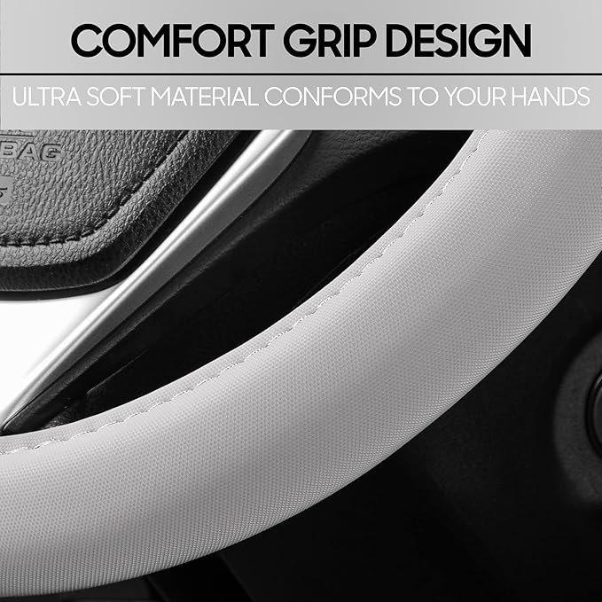 BDK Ultra Soft Gray Steering Wheel Cover, Unisex Car Accessories Non-Slip Comfy Soft Grip Faux Leather Auto Steering Wheel Cover for Cars Trucks Vans SUVs - Fits Standard 15" Inch Steering Wheels