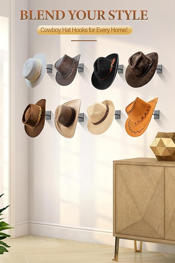 Cinati Cowboy Hat Rack for Wall, 8 Pack Cowboy Hat Holder Wall Mount, Western Rustic Metal Hats Hooks for Western-Hat, Fedora