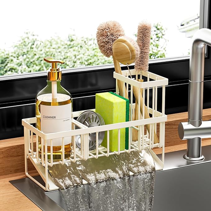 Cisily Off White Sponge Holder for Kitchen Sink, Sink Caddy Organizer with High Brush Holder, Kitchen Countertop Rustproof 30
