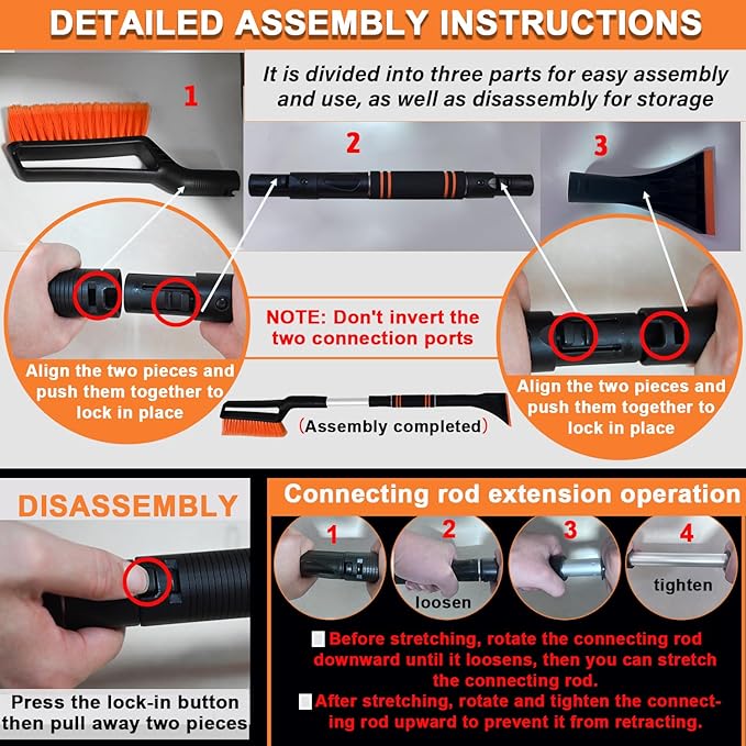 UNXMRFF 32 Inch Snow Brush - Aluminum Car Snow Scraper and Brush for Cars Windshield with Ergonomic Foam Grip for Snow Removal, Detachable Ice Scraper for Car