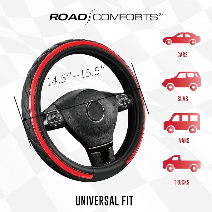 Road Comforts Leather Steering Wheel Cover – Black & Red Universal Fit 14.5-15 Inch, Microfiber Leather, Anti-Slip & Breathab