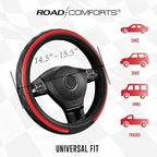 Road Comforts Leather Steering Wheel Cover – Black & Red Universal Fit 14.5-15 Inch, Microfiber Leather, Anti-Slip & Breathab