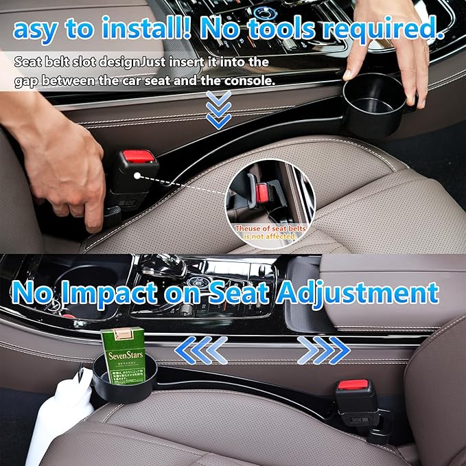 Seat gap filler Compatible with Crosstrek/Forester.Deeper Than Standard Retail Models(7.5cm)|Added Cup Holder (2 Fixed Points) + Hooks + Charging Cable Port |2pcs Black| Free Window Break Hammer 1pcs|