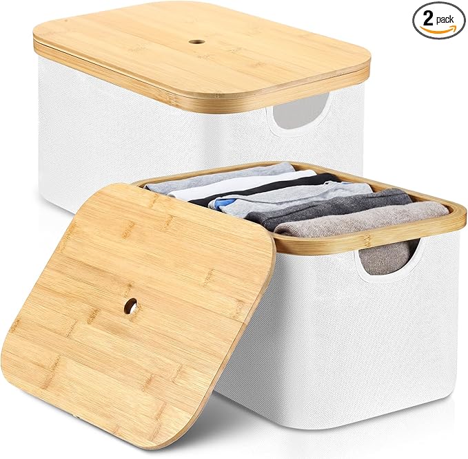 Novabright 2 Pcs Collapsible Storage Basket with Bamboo Lids 15" x 10" Foldable Fabric Storage Bins with Handles for Organizi