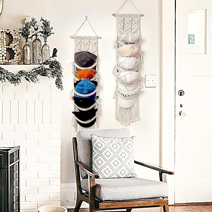 jontell Cap Holder-3 Pack-Hat Organizer for 30 Baseball Caps, Macrame Hat Rack for Wall, Cap Rack for Decoration and Display,