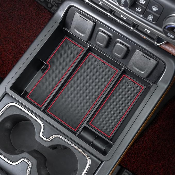 PIMCAR Center Console Organizer Tray for 2014-2018 Chevy Silverado GMC Sierra 1500 & 2015-2019 2500HD/3500HD Models - Custom Fit Storage Insert Accessories - Red Trim