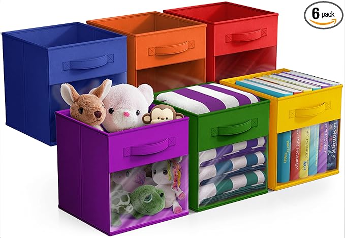 Sorbus 11 Inch Storage Bins with Clear Window - 6 Foldable Baskets for Organizing Clothes, Toys, Books - Sturdy Collapsible F