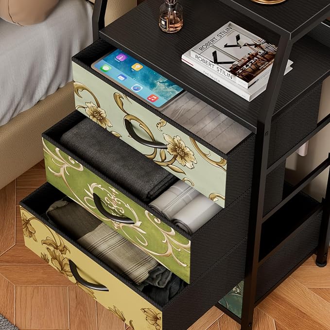 Furnulem Retro Dresser for Bedroom, Small Dresser for Closet, Vintage Nightstand with 4 Drawers, Fabric Storage Organizer Bed