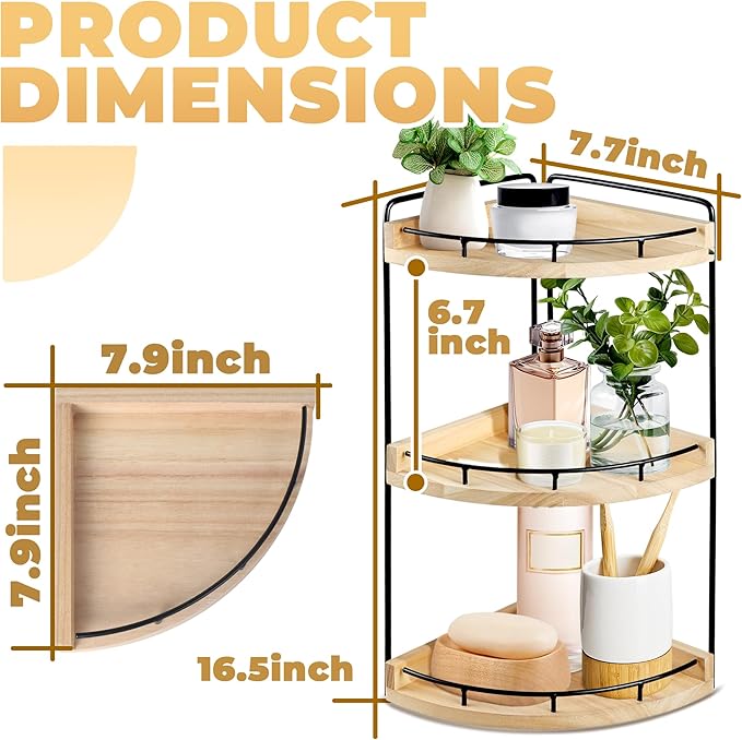 3 Tier Bathroom Counter Organizer, Bathroom Counter Tray and Vanity Organizer, Wood Corner Countertop for Kitchen, Dresser (R