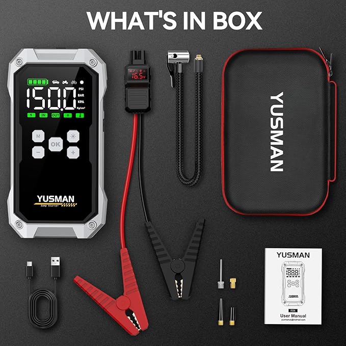 Car Jump Starter with Air Compressor, 9000A 160PSI Jump Starter Pack (All Gas/10.0L Diesel), 12V Battery Jump Starter with