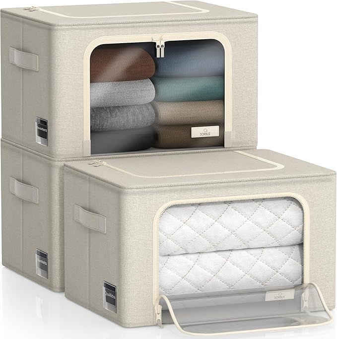 Sorbus Storage Bins with Metal Frame - Stackable & Foldable Clothes Organizer Bags - Oxford Fabric Storage Containers with La