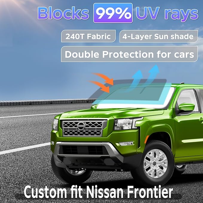 Sun Shade Sunshade for Nissan Frontier 2022-2024 2025 2026 Windshield Cover, 4-Layers Sun Shield 250T Silver Sun Visor Foldable Front Window Shade Blocks UV Rays Car Accessories