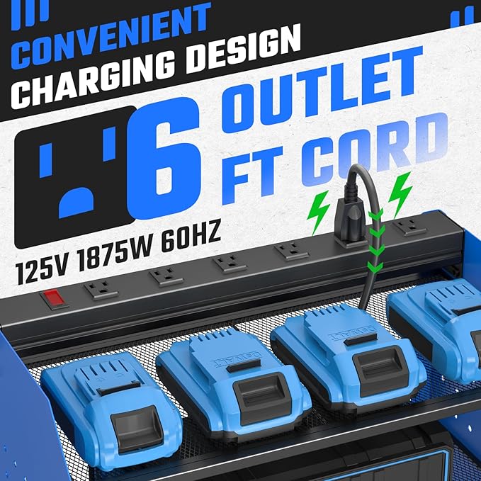 ZESEN Power Tool Organizer with Charging Station, Heavy Duty 4 Layer Drill Holder Wall Mount Garage Shelf Rack with 6 Outlet 