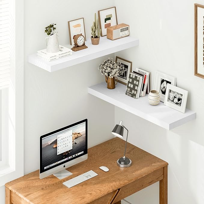 Vivelove White Floating Shelves 12 Inches Deep, [Wood Grain Texture] 36x12 Floating Shelves for Wall with Invisible Brackets,