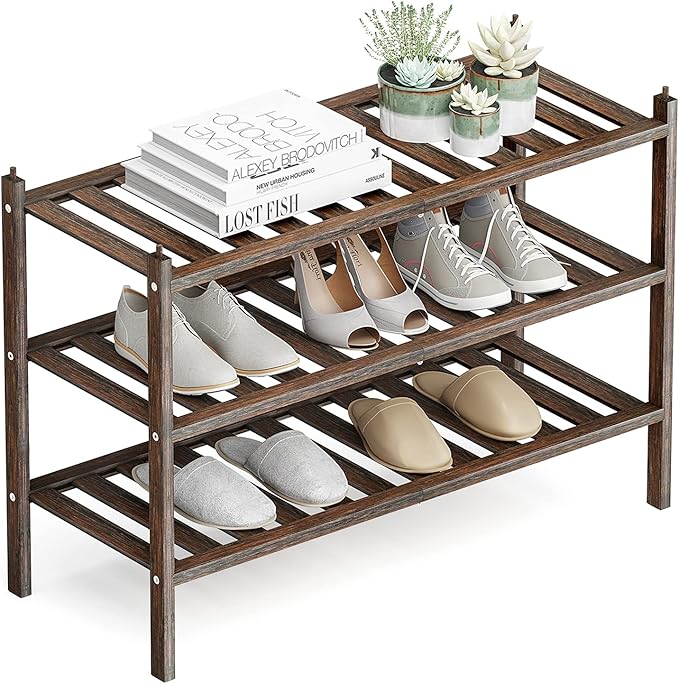 Dranixly Shoe Rack, 3-Tier Bamboo Stackable Shelf Storage Organizer, Stand for Closet, Entryway, Hallway, Bathroom and Living