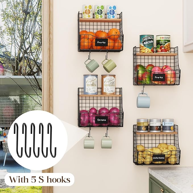 4 Pack Fruit Basket for Kitchen with Lid, Counter&Wall Mounted Hanging Fruit Basket, Potato and Onion Storage, Metal Wire Fru