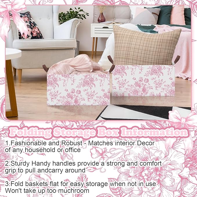Boao 3 Pcs Pink Floral Foldable Storage Baskets Pink Hydrangea Laundry Basket with Handles Waterproof Storage Bins Fabric She