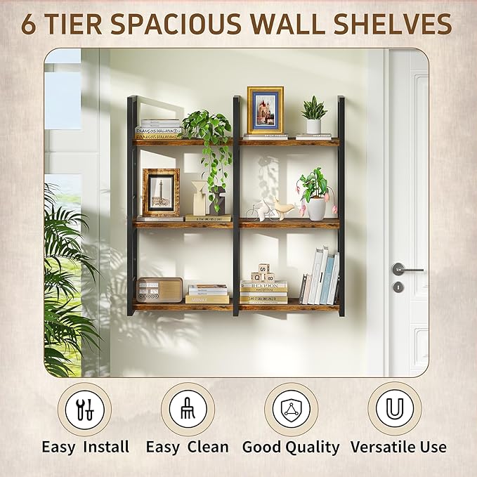 31.5 Inch Floating Shelves, 6 Tier Wood Shelves for Wall, Heavy Duty Wide Wall Mount Shelves for Living Room Bedroom Kitchen 