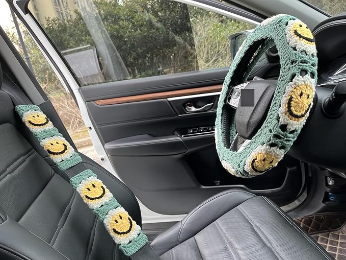 Handmade Crochet Sun Car Steering Wheel Covers Universal 14-15 inch,Cute Steering Wheel Cover,Car Accessories (Sun Wheel Cover+2belt Cover+2Coaster+Hanging)