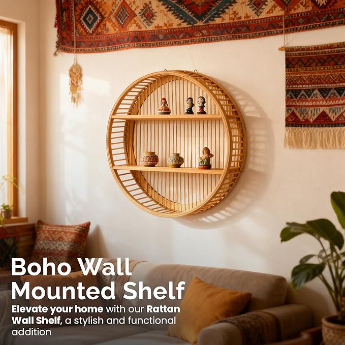 Vintiquewise Round Bamboo Wall Shelf with 2 Wooden Tiers – Natural Hanging Wall Decor and Floating Display Rack Accent for Mo