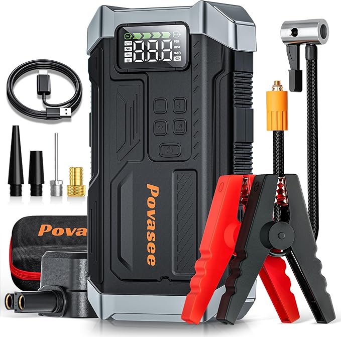 Povasee Jump Starter with Air Compressor 5000A Portable Jump Box up to 9L gas/8L Diesel,inflates Tires to 150PSI 12V Car