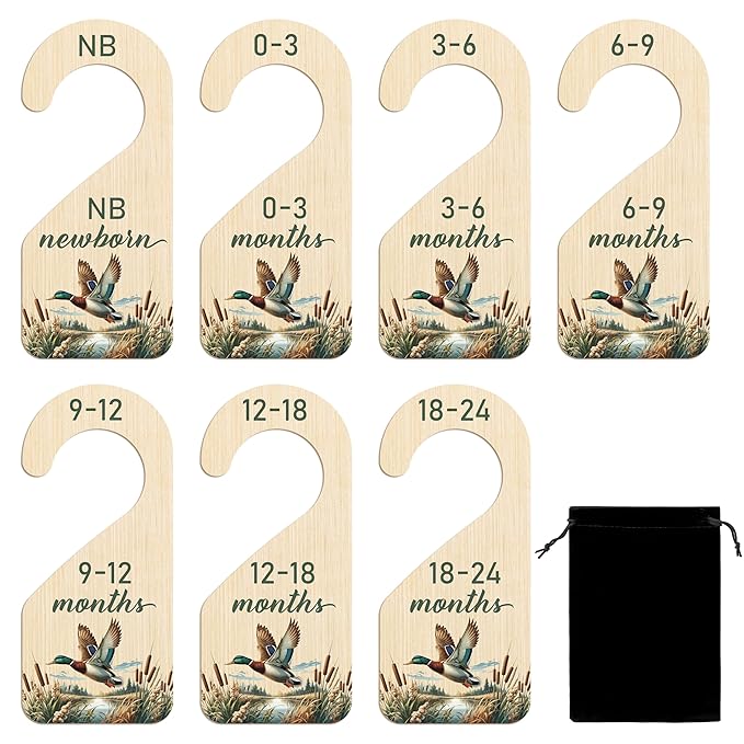 R HORSE Wooden Baby Closet Dividers - 8Pcs Mallard Duck Baby Closet Organizer Double-Sided Newborn Clothes Size Hanger Divide
