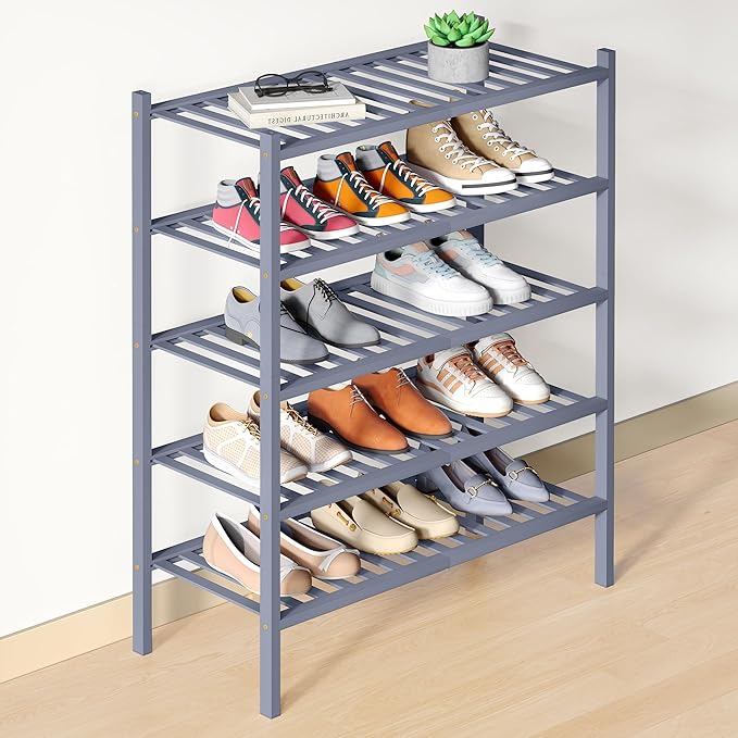 Smiry Bamboo Shoe Rack for Closet, 5 Tier Wooden Stackable Shoe Organizer, Free Standing Shoes Storage Shelf for Entryway, Fr